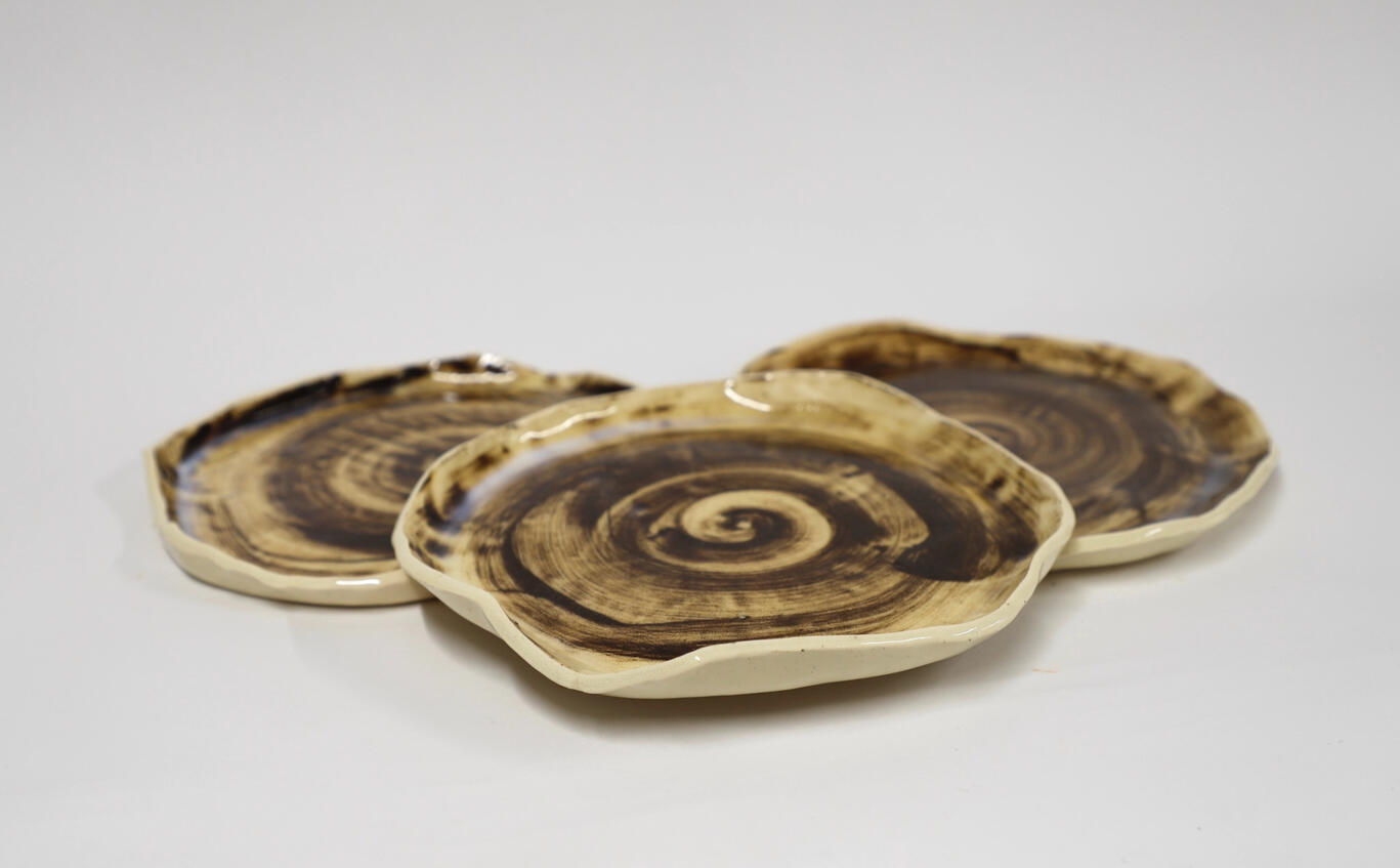 "Tree Stump Plates" 2024, Porcelain with Foraged Clay Slip