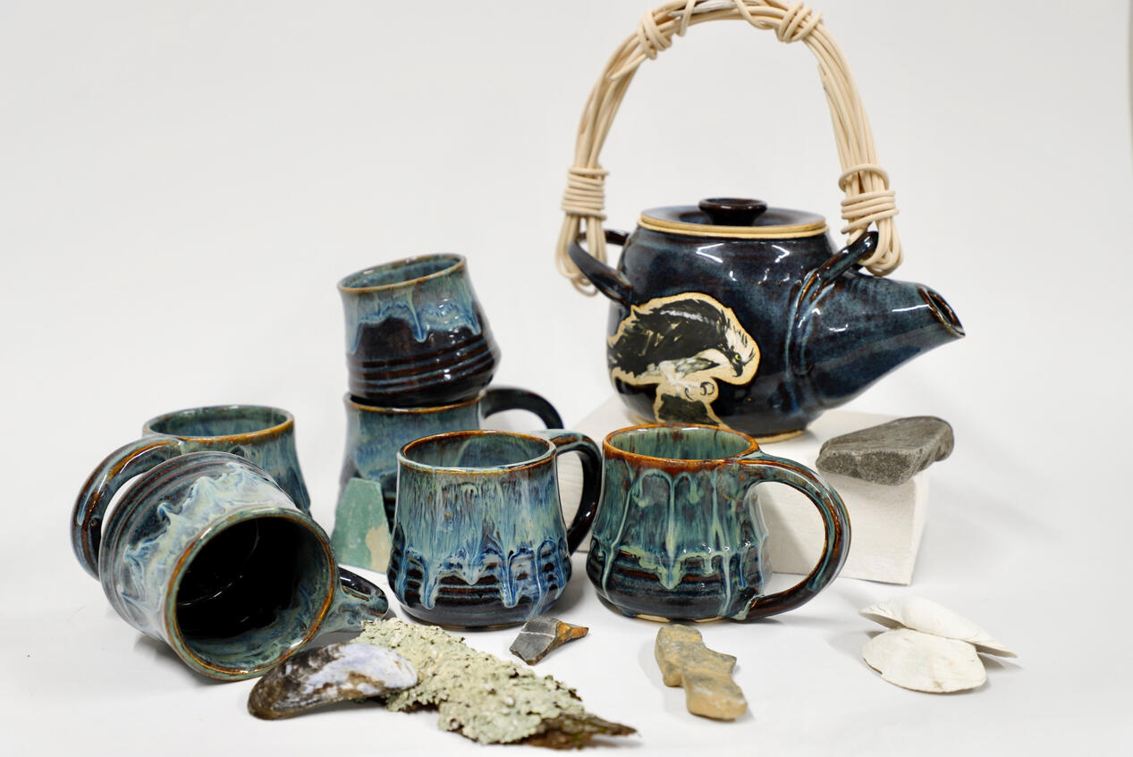"Origin of Place" 2024, ceramic tea set with reed handle