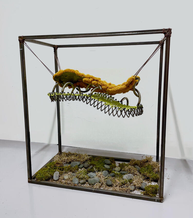"Cell Membrane" 2022, Welded Steel, yarn, stones, and moss