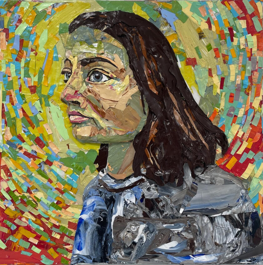 "Self Portrait" 2022, Dried Acrylic Paint chips and Gesso