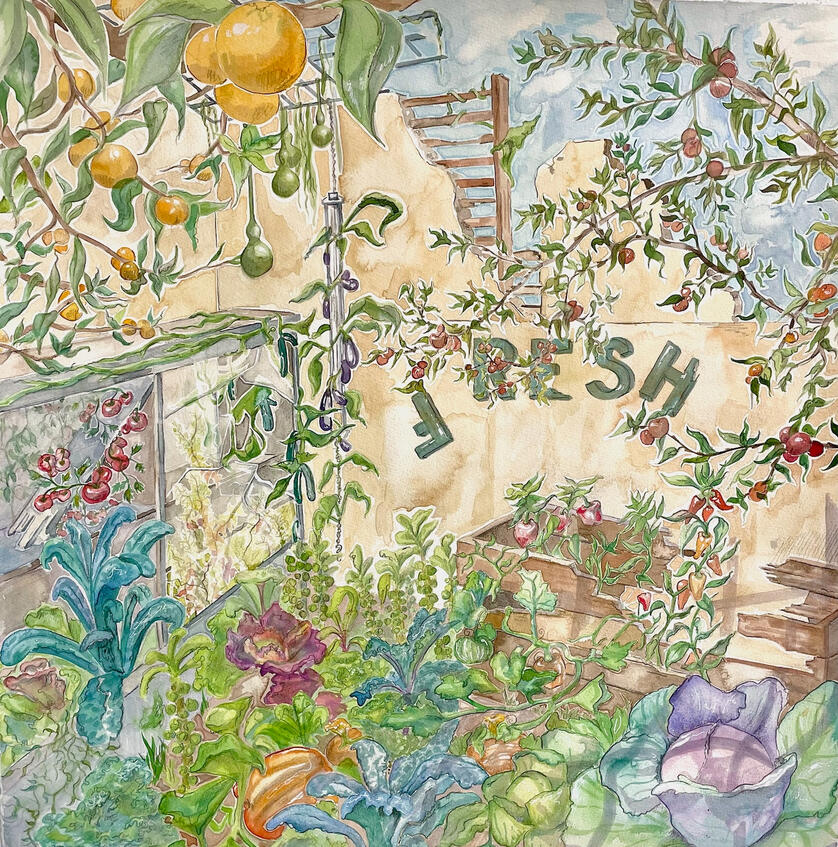 "Food is not from the grocery store" 2024, watercolor, graphite, marker, and pen