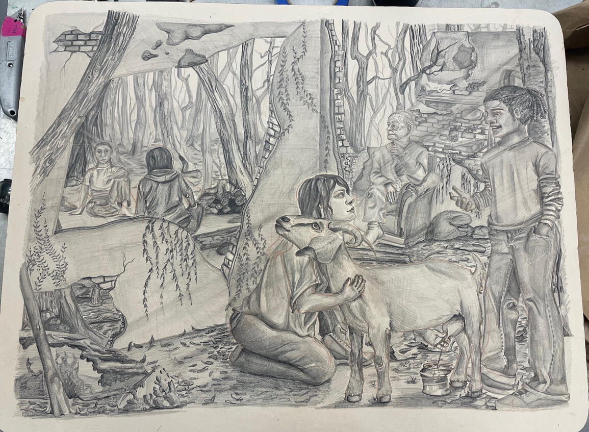 "Apocalypse" 2023, Wax Crayon drawing on lithography Stone