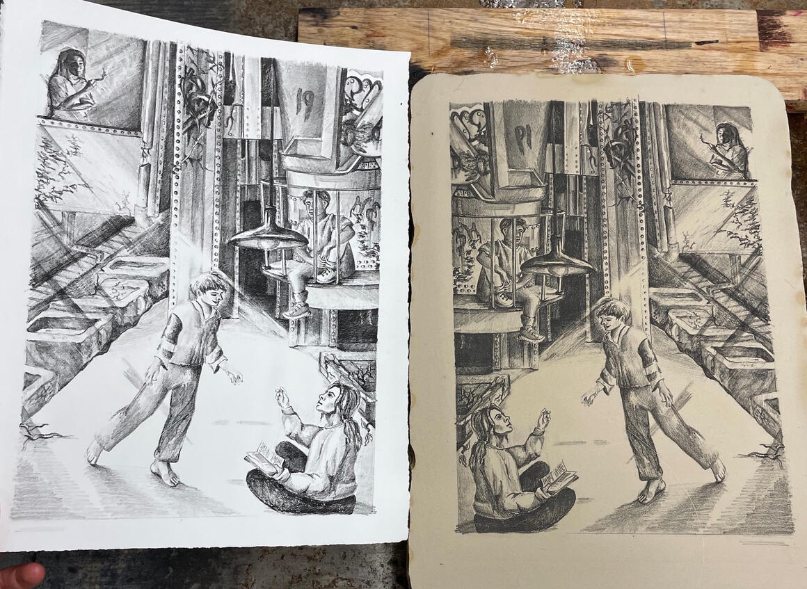 "Stuck in Place" 2023, Lithography Stone and Print
